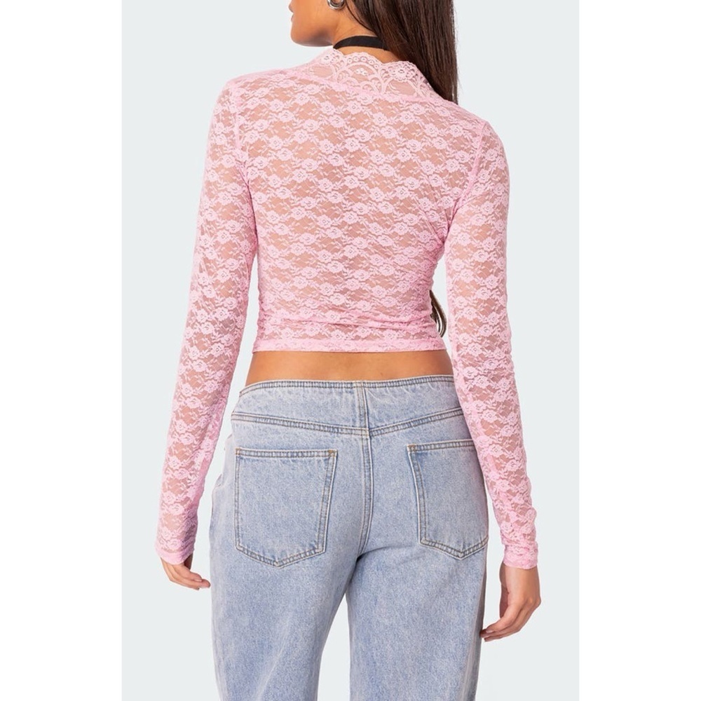 Sz M Edikted Beck Sheer Baby Pink Plunge Neck Lace Crop Top NWT - Picture 6 of 6
